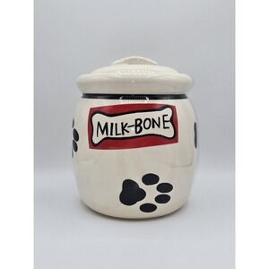 Milk Bone Ceramic Dog Treat Jar Paw Print Lid Vintage Kitchen Canister